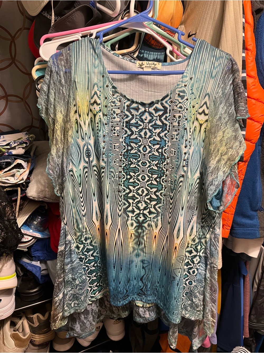 Unity World Wear Teal Blue Green Patterned Short Sleeve Tunic